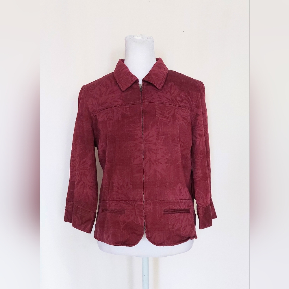 Christopher & Banks Tone on Tone Leaf Design Zip Front Jacket Maroon Size Small